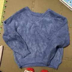 ブルー ファー風 Vネック 長袖ニット