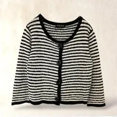 カーディガン　七分袖　M　ショート丈　ボーダー　ブラック系　ミッシュマッシュのサムネイル