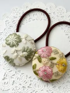 【No.274】インド刺繍 くるみボタン38㎜ ヘアゴム 2個セット