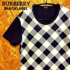「バーバリーブラックレーベル」アーガイル調ブロックチェック半袖Tシャツ 刺繍ロゴ