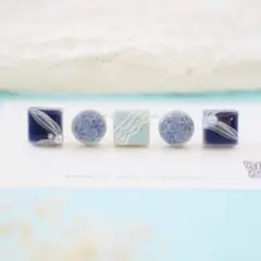 レース　リボン　可愛い　ブルー　小さいピアス　イヤリング　タイル　タイルピアス