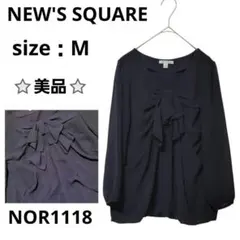 NEW'S SQUARE リボン付き長袖ブラウス 袖に透け感 裾ゴム 紫 M