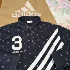 極美品サイズO/adidas GOLF秋冬/総柄プリント/長袖BDポロシャツ/紺