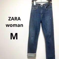 ZARA ザラウーマン　ストレートデニム ダークブルー ロールアップ　M