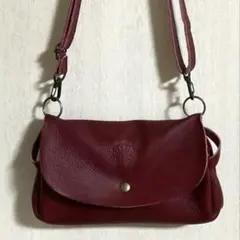 本革　お財布ポーチ　ショルダーコンパクト　レザー　ボルドー　秋色