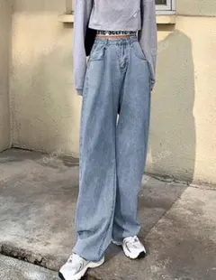 SHEIN 無地柄 ハイウエスト ワイドレッグ ジーンズ ライトデニム