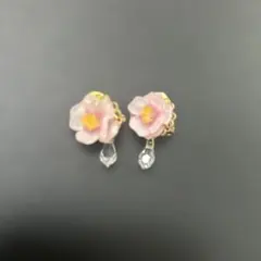 ハンドメイド ピンク花イヤリング