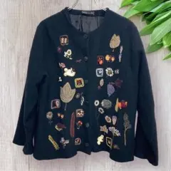 Chasse au Bais カーディガン ニット 毛 ビーズ 刺繍 ブラック