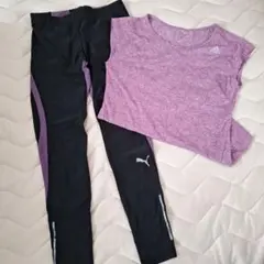 adidas 紫 Tシャツ & Puma 黒 レギンス セット