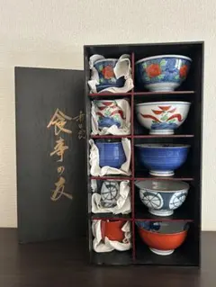 【未使用・木箱入】有田焼 絵変わり 食卓の友揃 茶碗 湯呑み 5客セット 飯碗のサムネイル