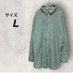 しまむら　シャツ　緑　白　L　ストライプ　長袖　カジュアル　ゆったり　羽織り