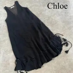 Chloe クロエ Ｖネック 裾フリル ノースリーブ ワンピース レディース 黒のサムネイル