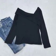 s92【セシルマクビー】アシンメトリーリブカットソー　ブラック　M 鎖骨見せ