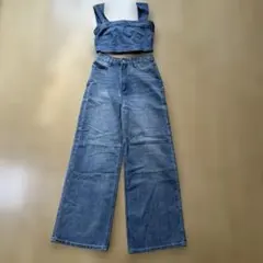 デニムブルー クロップドトップ ワイドパンツ セットアップ S