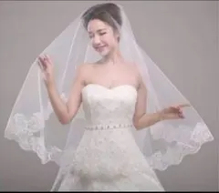 ホワイトレース刺繍新品白ミドル丈結婚式ウエディングベールマリアベール上品1.5m