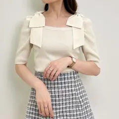 INGNI スクエアネック異素材肩リボン5分袖ニット