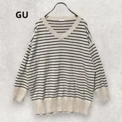 GU ボーダーVネックニット L ベージュ 黒 七分袖 ドロップショルダー