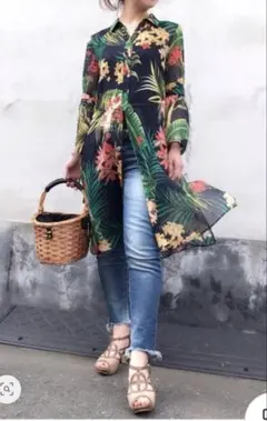 978) ZARA シャツ　ブラウス　花柄長袖ワンピース