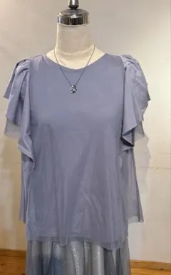 レディース　シースルー生地の付いたトレンドブラウス　ブルーグレー