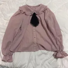 Ank Rouge フリル長袖ブラウス パールボタンネクタイ付き ピンク