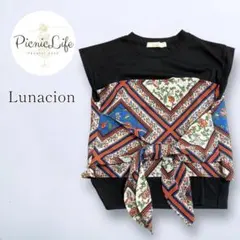 【Lunacion】花柄切替リボンTシャツ フレンチスリーブカットソー 半袖 L
