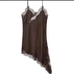 新品❗️ ZARA風 レースアシンメトリーキャミワンピース　ブラウン　Mサイズ