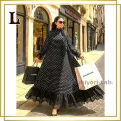 ♪新品♪ レディースワンピース ロングワンピース ゆったり ドット 黒 長袖 L