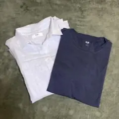 ユニクロUNIQLO クルーネックTシャツ紺色L &麻100%シャツM
