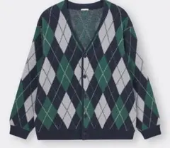 美品★GU★ブラッシュドヤーンカーディガンMアーガイル柄