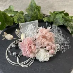 ドライフラワー髪飾り　結婚式成人式卒業式七五三髪飾り　ホワイトピンクリボン