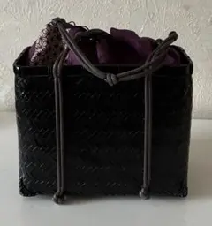 焦茶の巾着型かごバッグ　和装バッグ