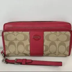 COACH 長財布　シグネチャー　コーチ　長財布　ピンク　ラウンドファスナー