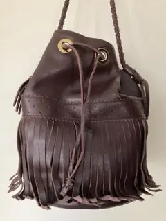 フリンジ付きダークブラウンレザーバッグ
