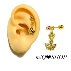 軟骨ピアス ハート枠 ミニ蝶々 ゴールド