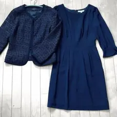 美品 セレモニースーツ フォーマルワンピース 入学式 ツイード ネイビー