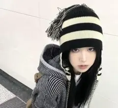 ストライプポンポン付きニット帽