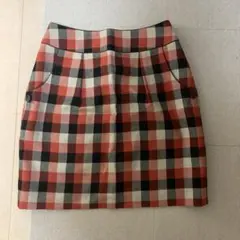 オレンジ　黒　チェック柄　タイトスカート