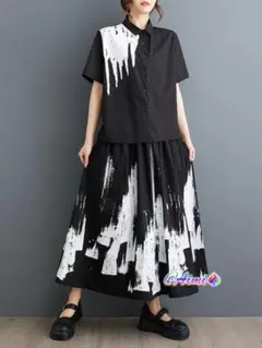 エレガント おしゃれ 2点 セット プリント ブラウス ロングスカート フリー