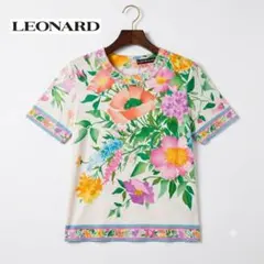 美品 レオナール 花柄 切替 ニット ブラウス シルク カットソー 半袖