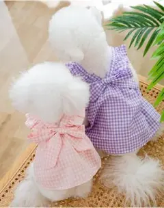 【かわいい】犬服 ワンピース ペット服ドッグウェア チェック柄 蝶結び 通気性Ｍ