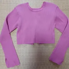 リブ編み ピンク クロップド長袖トップス