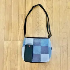 ショルダーバッグ デニム パッチワーク ブラック ポケット付