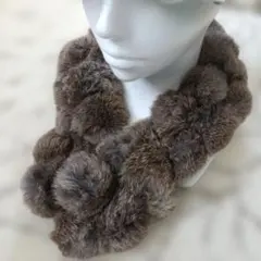 レッキス リアルファー ボンボン付き マフラー ブラウン モフモフ