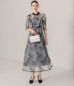 LEJA 配色パイピングプチハイネック花柄刺繍ラメレースロング丈ドレス BLUE