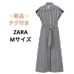 新品 ZARA リネンブレンド ストライプ シャツワンピース M 夏ワンピース