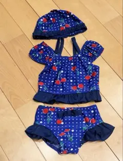 新品 エフオーキッズ さくらんぼ柄 ネイビー 水着 3点セット 90 レトロ