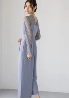 ライトブルー レーススリーブ ロングドレス