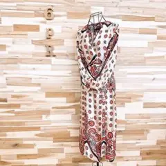 【ザラ】ロング 巻きワンピース スカーフ柄ペイズリー 総柄 XS アイボリー×赤