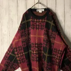 イタリア製 デザインニット バーガンディ 総柄 ノルディック 太アーム ゆるダボ