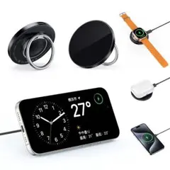 両面同時 ワイヤレス充電器 コンパクト スマホリング スマホスタンド ブラック